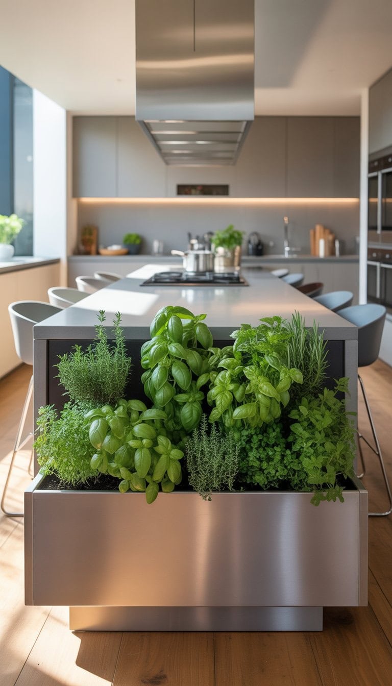 A modern kitchen island with a built-in herb garden planter in one corner, surrounded by bar stools and kitchen appliances.