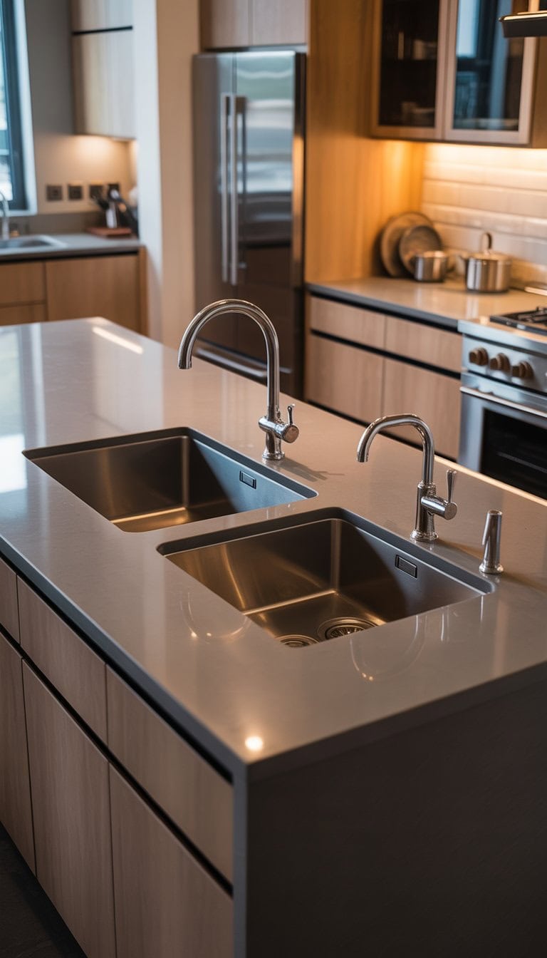 A modern kitchen island with a main sink and a smaller prep sink installed side by side.