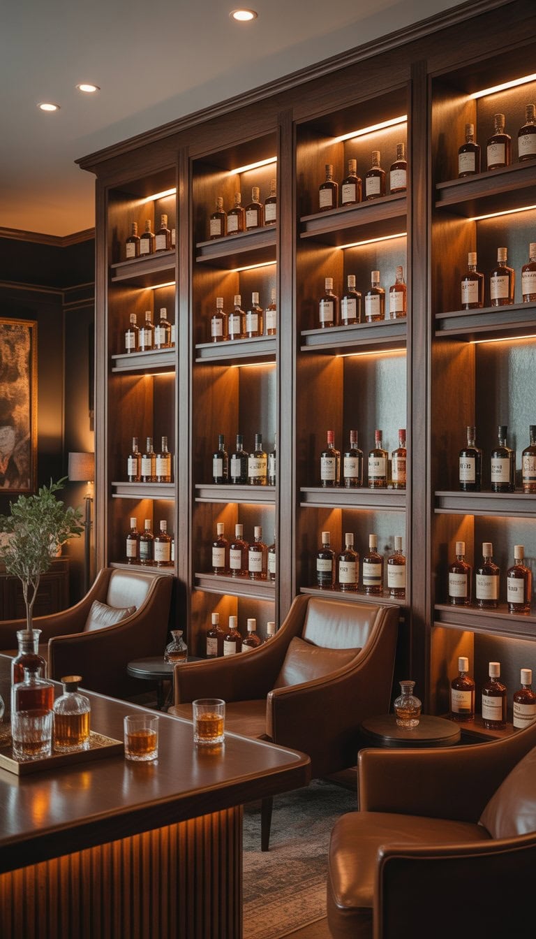 A whiskey lounge room with custom wooden shelves holding various whiskey bottles, leather chairs, and a wooden bar counter in a warm, inviting setting.