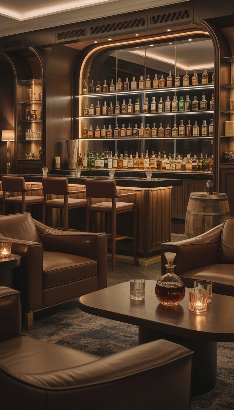 A whiskey tasting bar area with wooden counters, premium whiskey bottles on shelves, leather chairs, and warm lighting in an elegant lounge room.