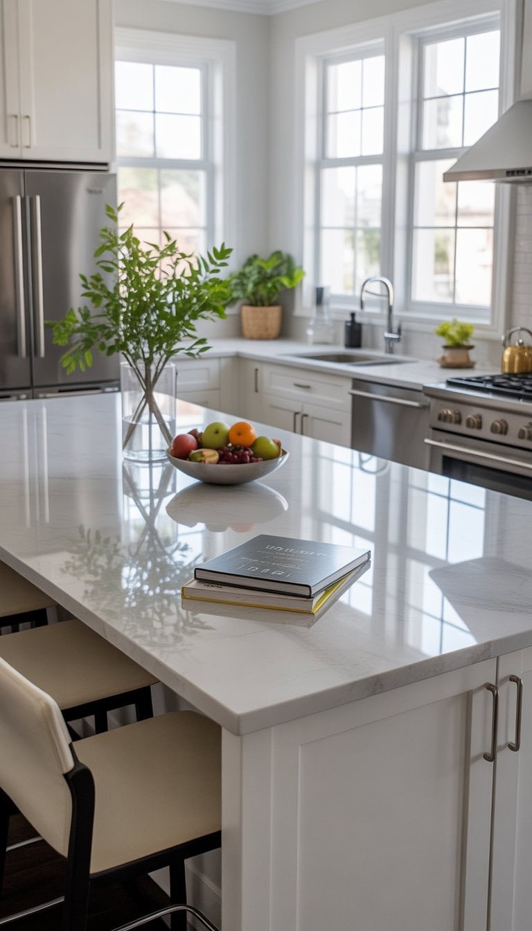 A modern kitchen with a large island topped with quartz countertops, surrounded by bar stools and bright natural light.