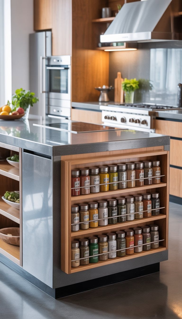 A modern kitchen island with a built-in spice rack on the side, surrounded by kitchen appliances and decor.
