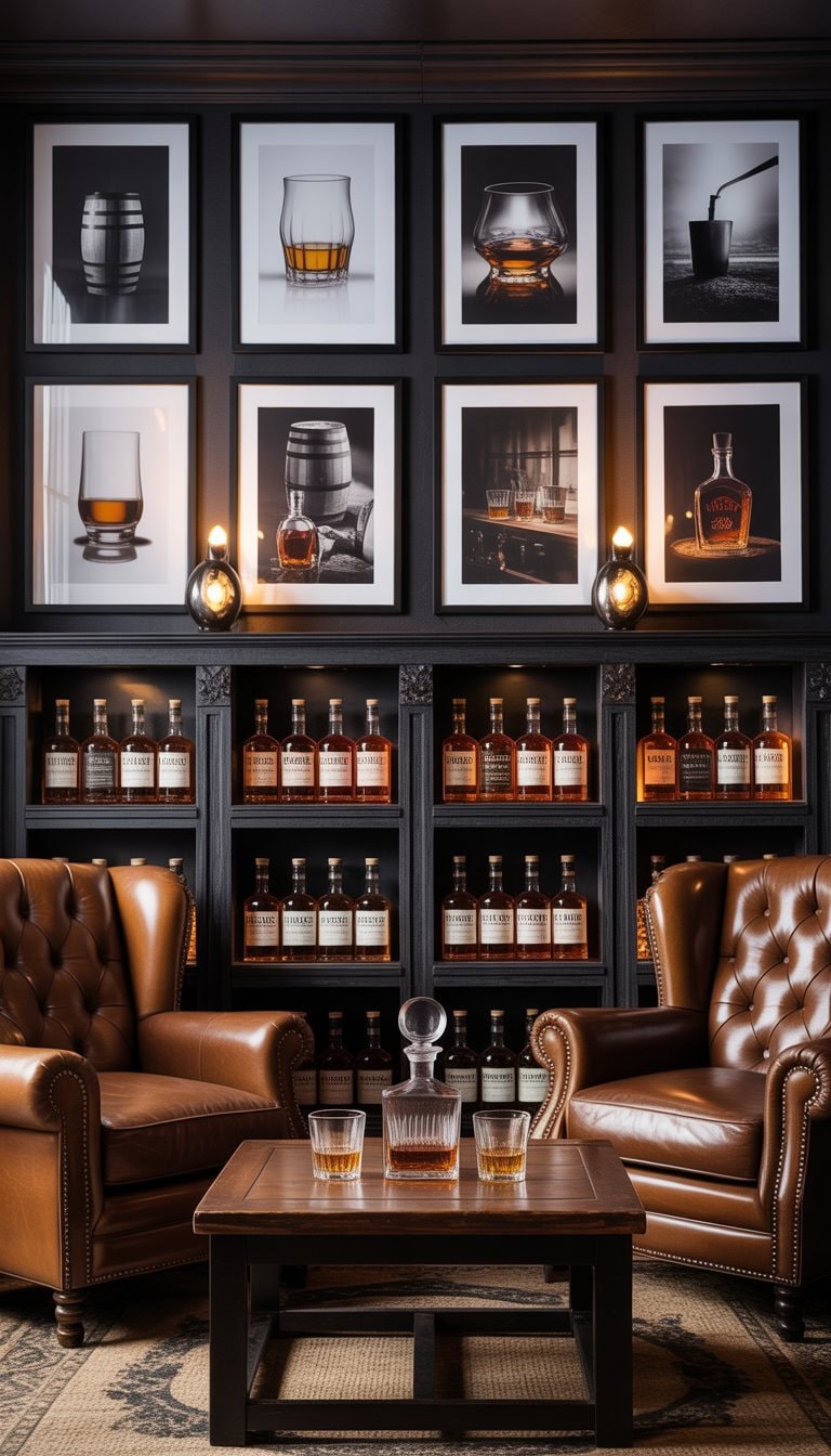 A cozy whiskey lounge room with leather chairs, wooden shelves filled with whiskey bottles, and black and white whiskey-themed framed art on the walls.