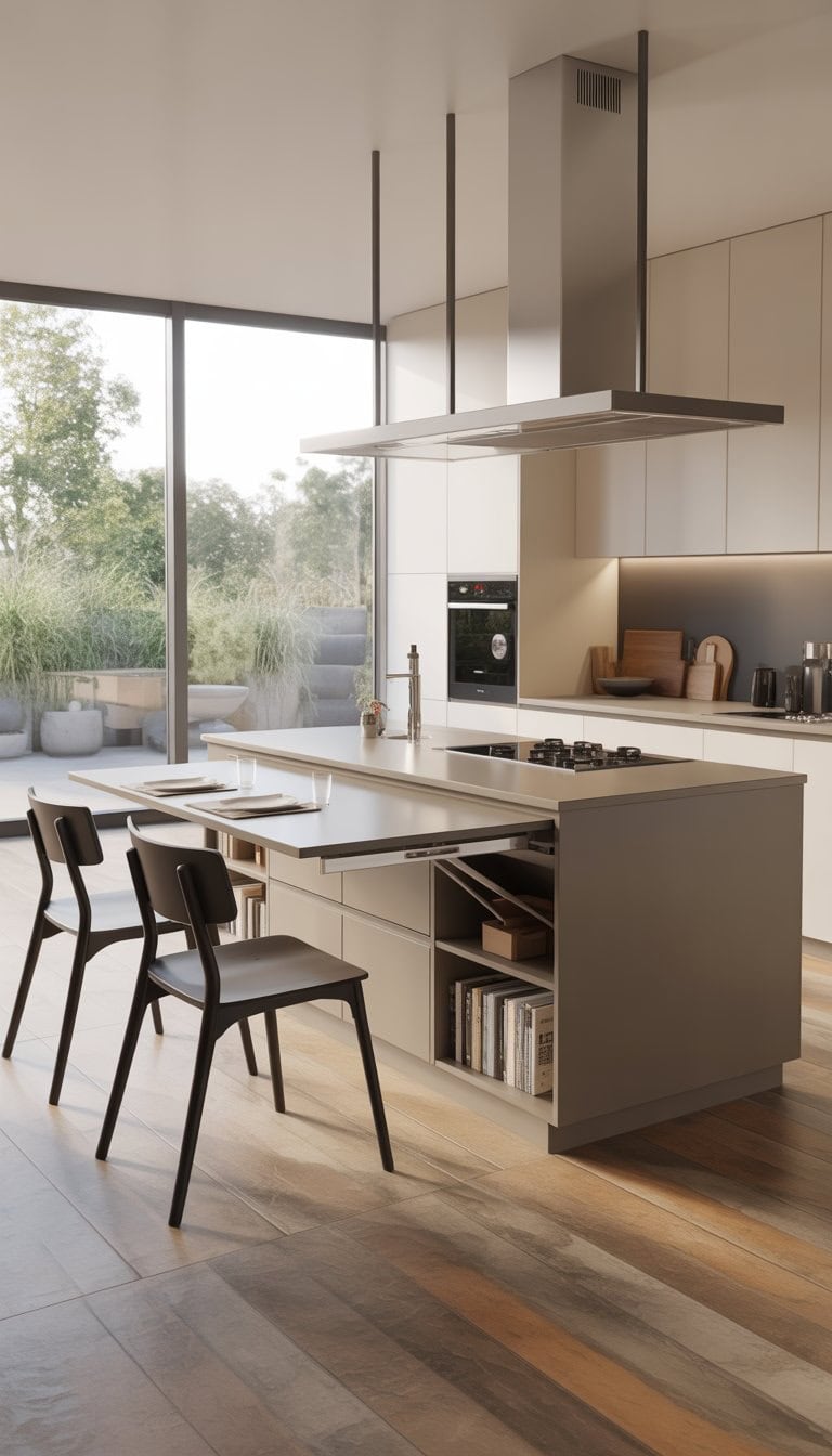 A bright kitchen with a multifunctional island featuring a fold-out table set up with chairs, surrounded by modern appliances and natural light.