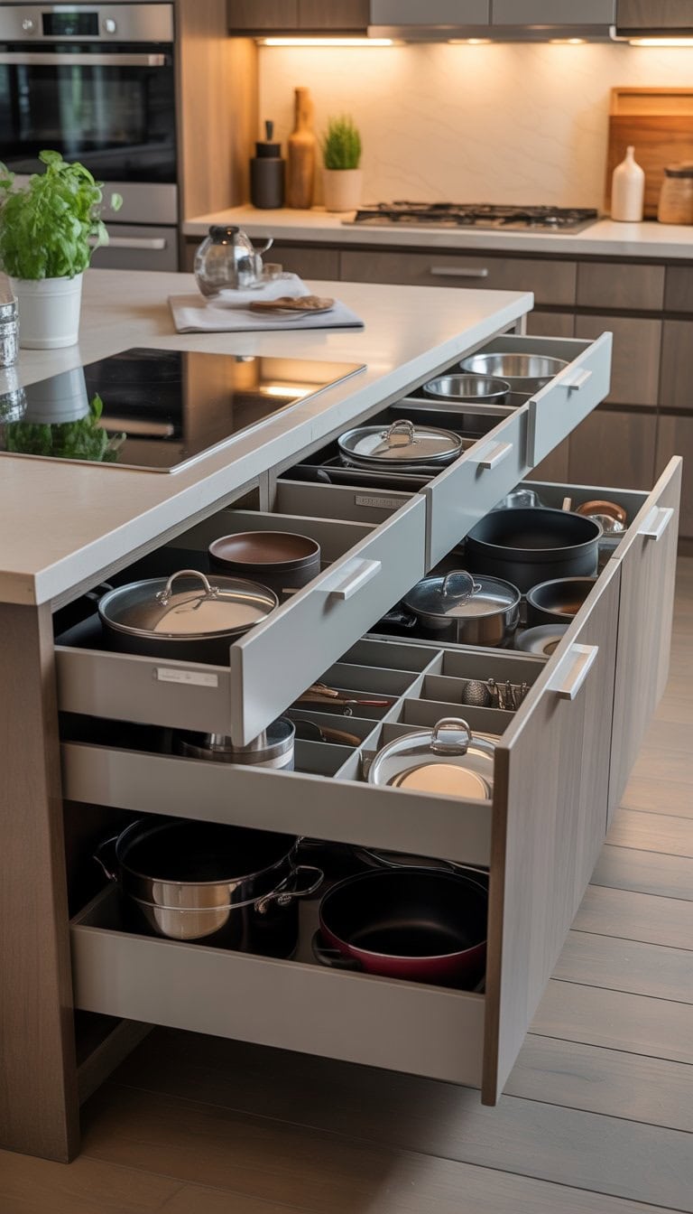 A modern kitchen island with open deep drawers showing neatly organized cookware and utensils.