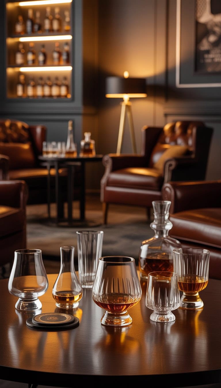 A whiskey lounge room with various whiskey glasses arranged on a wooden table surrounded by leather chairs and warm lighting.