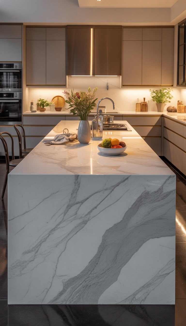 A spacious kitchen with a large marble-topped island surrounded by cabinets and appliances.