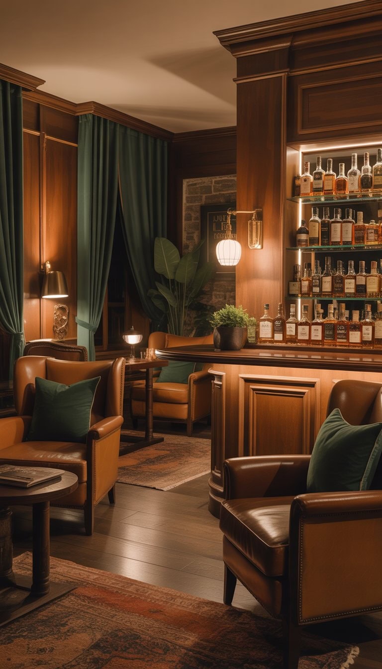 A cozy whiskey lounge room with leather chairs, wooden bar, green plants, and warm lighting.