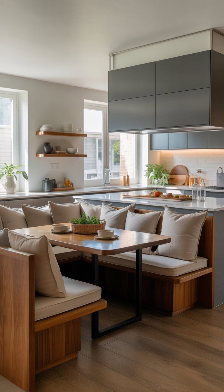 A breakfast nook with cushioned bench seating next to a modern kitchen island in a bright kitchen.