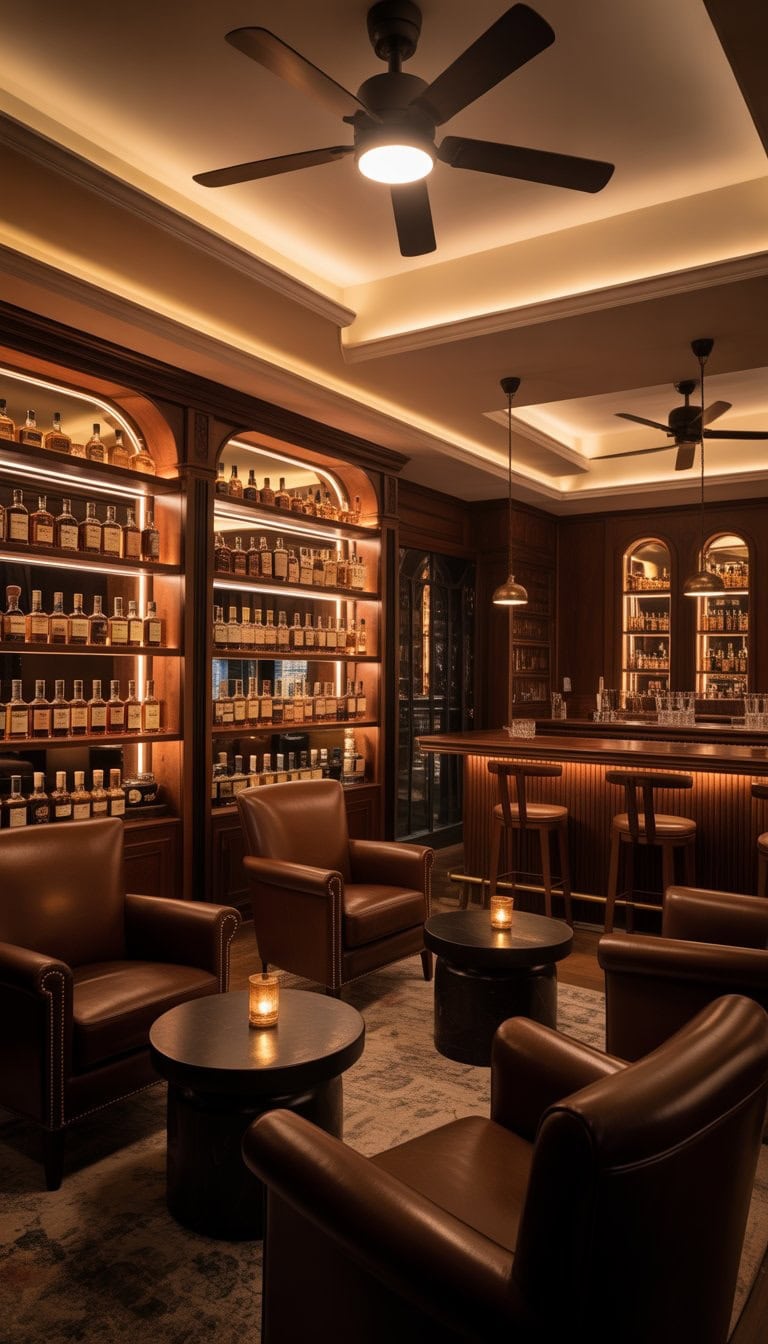 A cozy whiskey lounge room with wooden shelves, leather armchairs, a bar counter, and soft layered lighting illuminating the space.