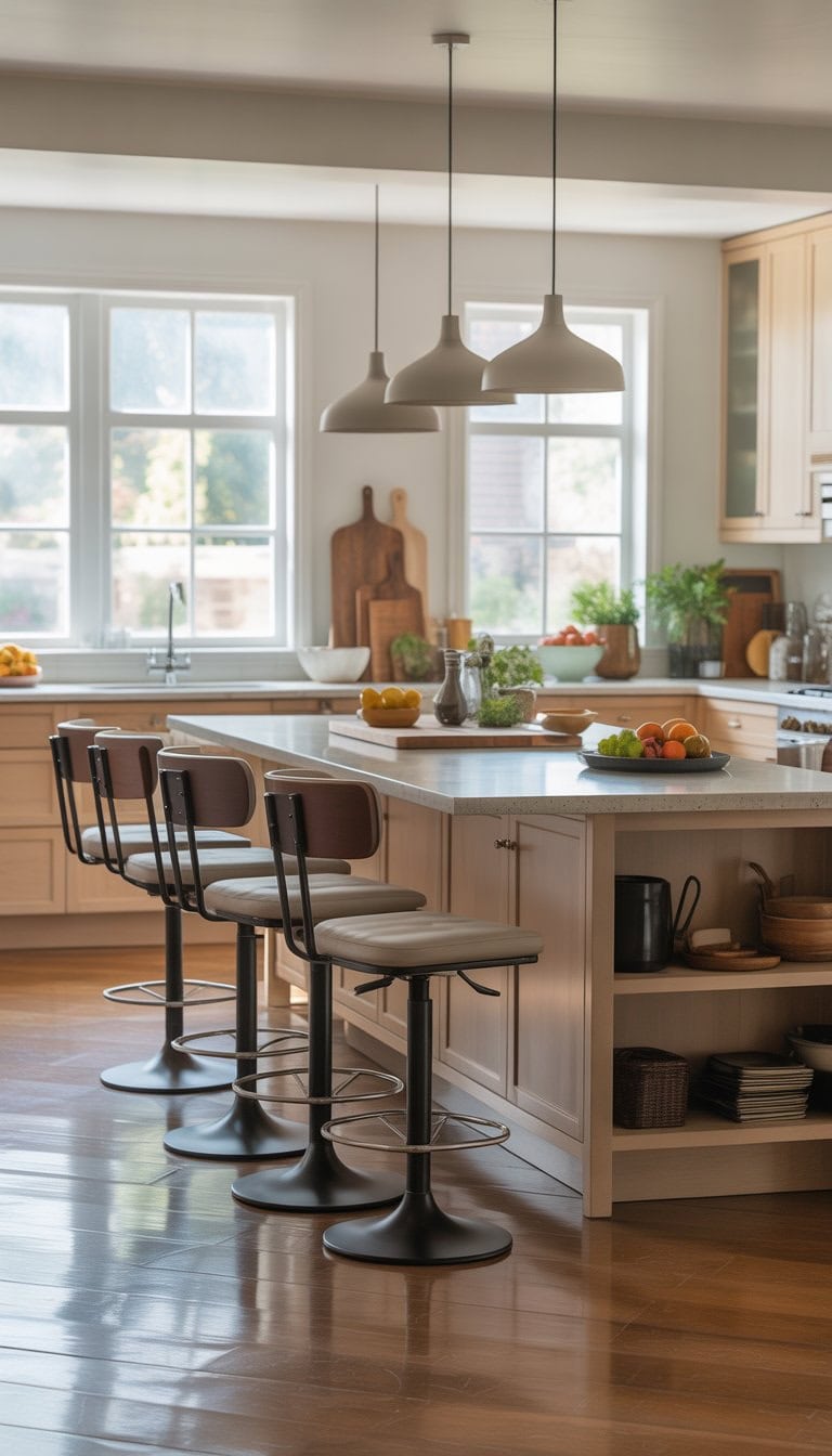 A modern kitchen with a large island surrounded by swivel stools, bright natural light, and kitchen accessories.