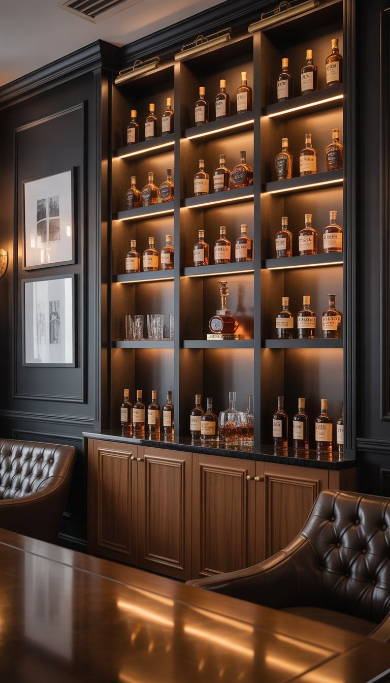 A whiskey lounge room with open shelves and enclosed cabinets displaying whiskey bottles and glassware, featuring leather seating and a wooden bar counter.