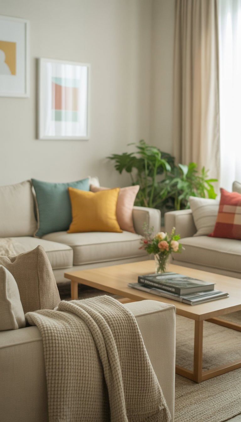 A bright living room with a beige sofa, colorful pillows, a wooden coffee table with flowers, and potted plants near a window with sheer curtains.