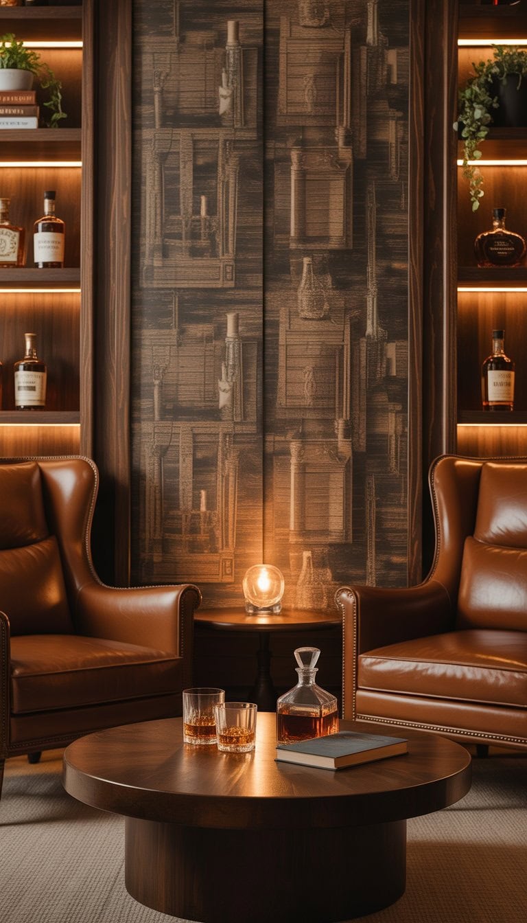 A cozy whiskey lounge room with leather armchairs, wooden furniture, whiskey glasses on a table, and shelves of whiskey bottles.