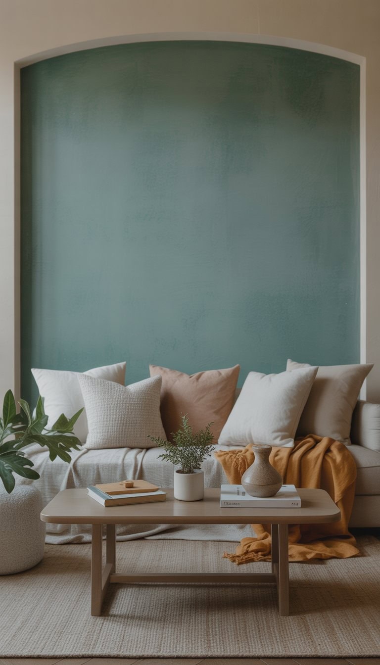 A cozy living room with a muted teal accent wall, neutral furniture, a wooden coffee table, and decorative plants.