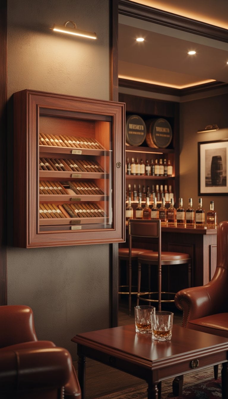 A whiskey lounge room with a mounted cigar humidor, leather chairs, a wooden bar with whiskey bottles, and warm lighting.