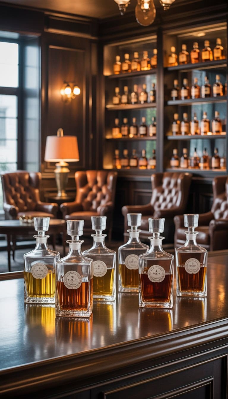 A whiskey lounge room with unique whiskey decanters on a wooden bar, leather chairs, warm lighting, and wooden shelves with whiskey bottles.