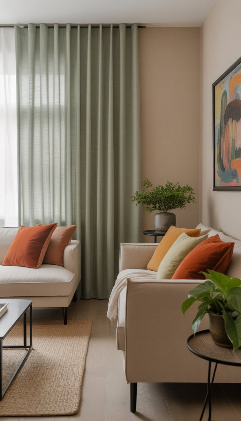 A living room with sage green curtains, neutral walls, light wood floor, beige furniture, colorful throw pillows, a small green plant, and a colorful painting on the wall.