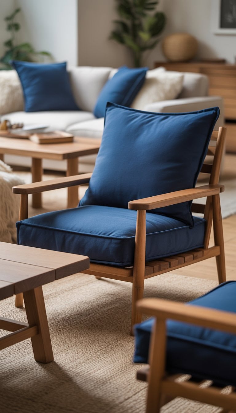 A living room with wooden furniture and navy blue cushions, neutral decor, and natural light.