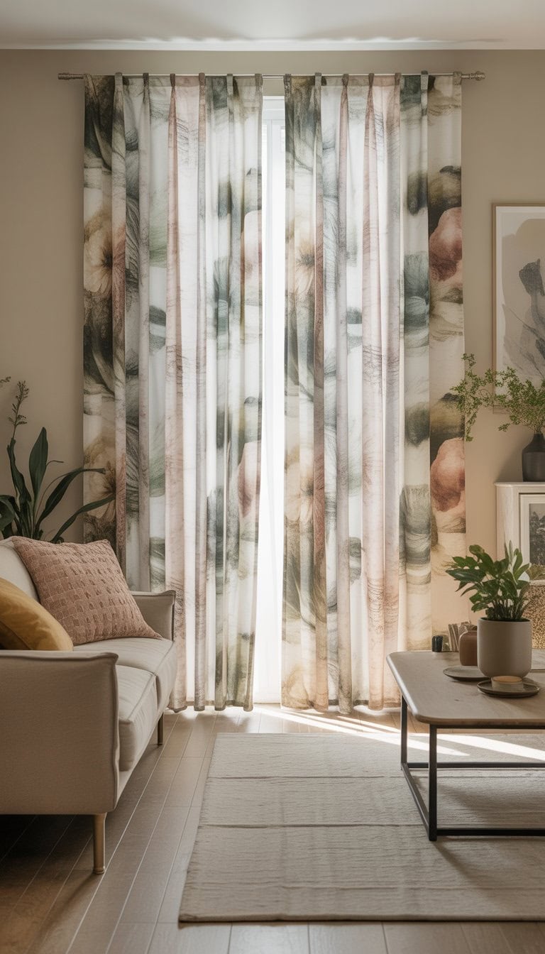 A living room with large floral curtains, a sofa, plants, and natural light coming through the windows.