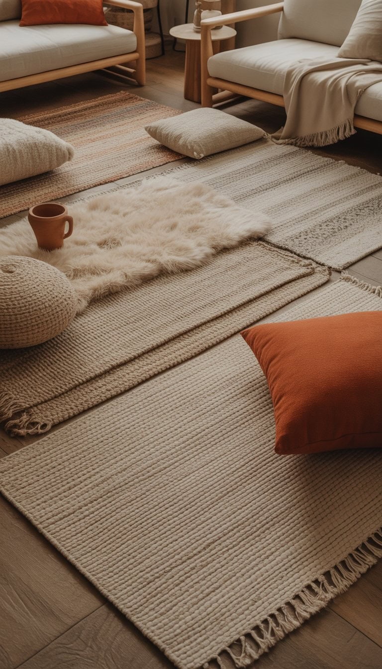A cozy room with layered neutral textured rugs and rust orange accents on cushions and decor, featuring wooden furniture and soft natural light.