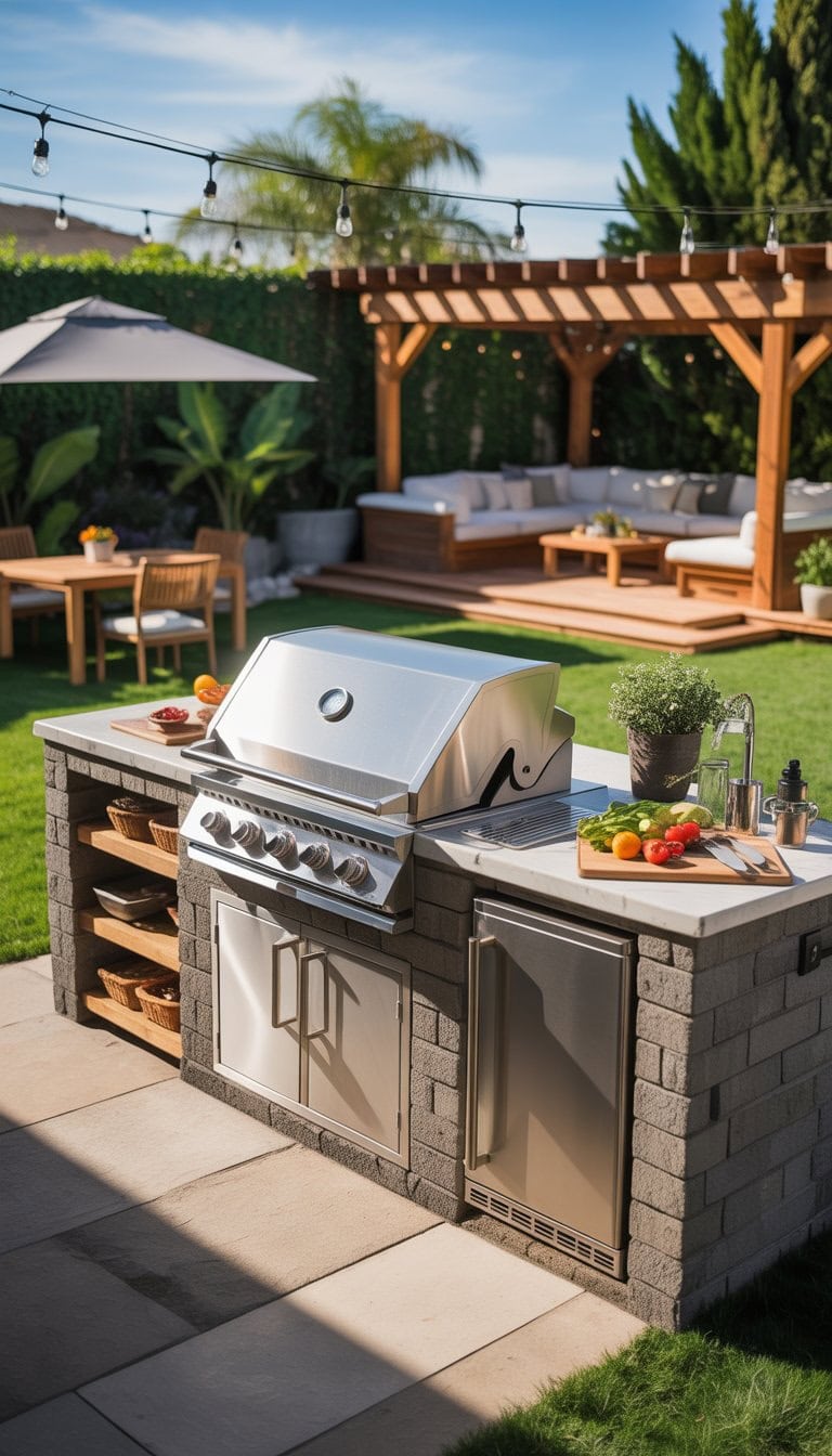 An outdoor grill station with a stainless steel grill, stone countertop, seating area, and greenery in a backyard.