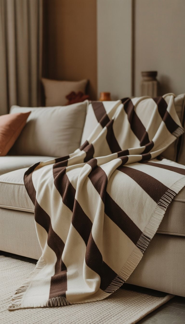 A living room with a neutral sofa covered by cream and brown striped blankets, surrounded by cushions and small colorful decor items.