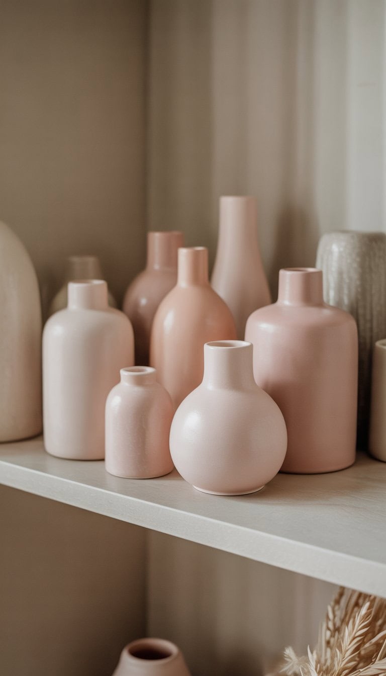 A collection of soft pink ceramic vases arranged on a neutral-colored shelf with light wooden surfaces and beige walls in the background.