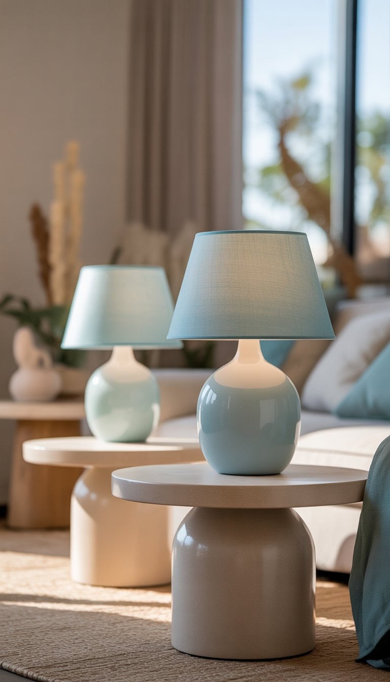 A minimalist room with neutral tables topped by spa blue lampshades, surrounded by subtle home decor and soft natural lighting.