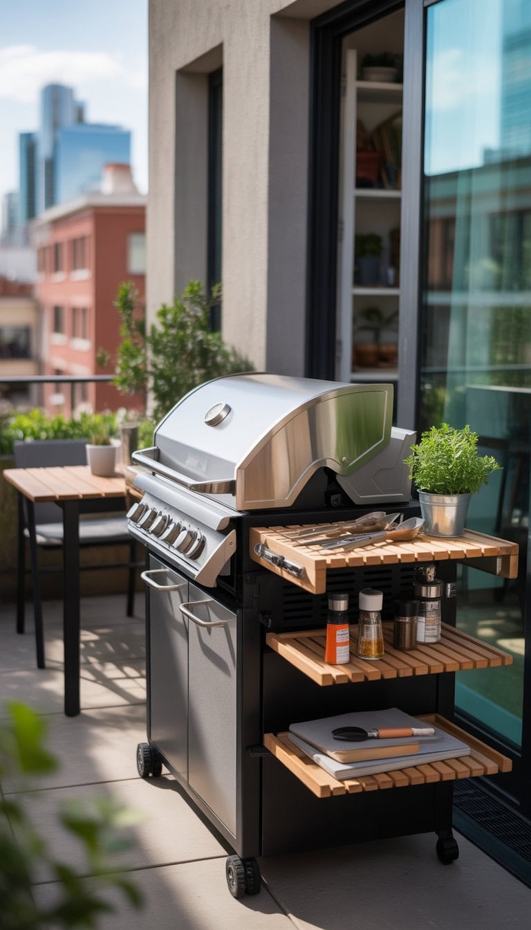 Compact outdoor balcony grill station with foldable shelves holding grilling tools and plants, set against a city backdrop.