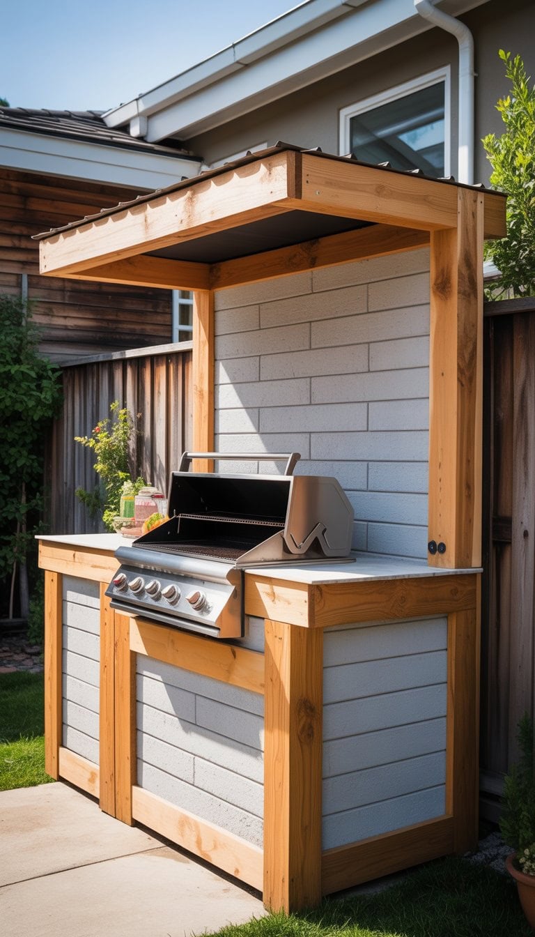 An outdoor grill station framed with wooden beams and cement board heat protection in a backyard setting.