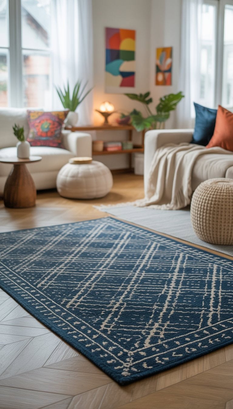 Living room with a navy geometric patterned rug, neutral furniture, colorful cushions, and indoor plants on a light hardwood floor.