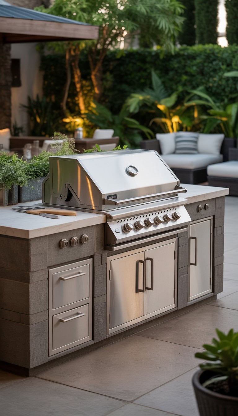 Outdoor barbecue island with built-in grill and storage cabinets on a backyard patio surrounded by plants and seating.