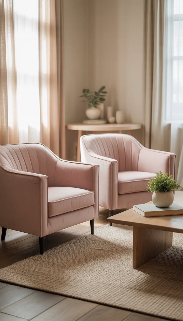 A living room with two light pink velvet armchairs, a wooden coffee table, and neutral-colored walls and flooring.