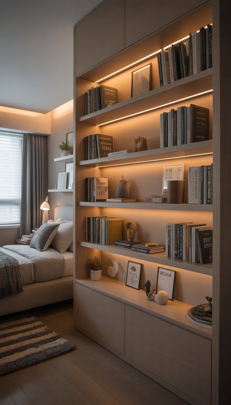 A teen boy's bedroom with a built-in book nook illuminated by warm lighting, featuring books and a nearby bed.