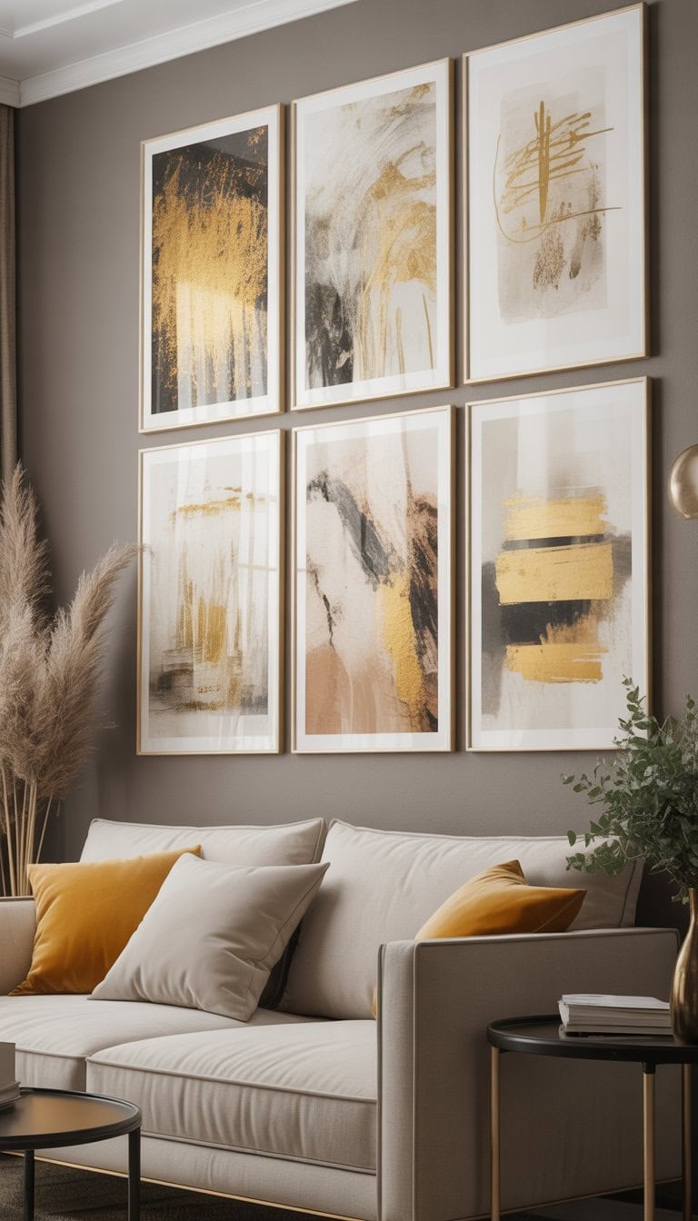 A wall decorated with abstract art prints featuring gold and beige accents in a neutral-toned living room with colorful decorative elements.