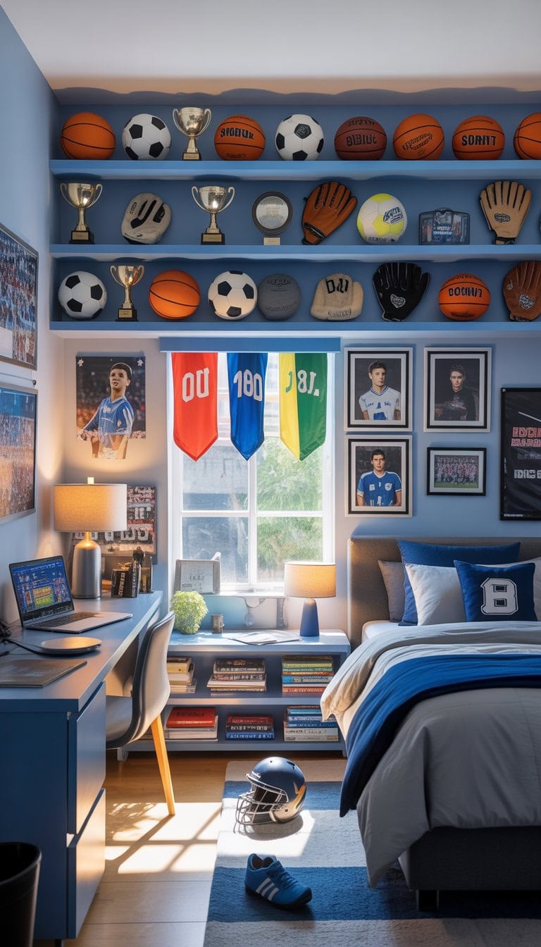 A teenage boy's bedroom with sports-themed display shelves holding balls, trophies, and sports gear, along with a bed, desk, and sports decorations.
