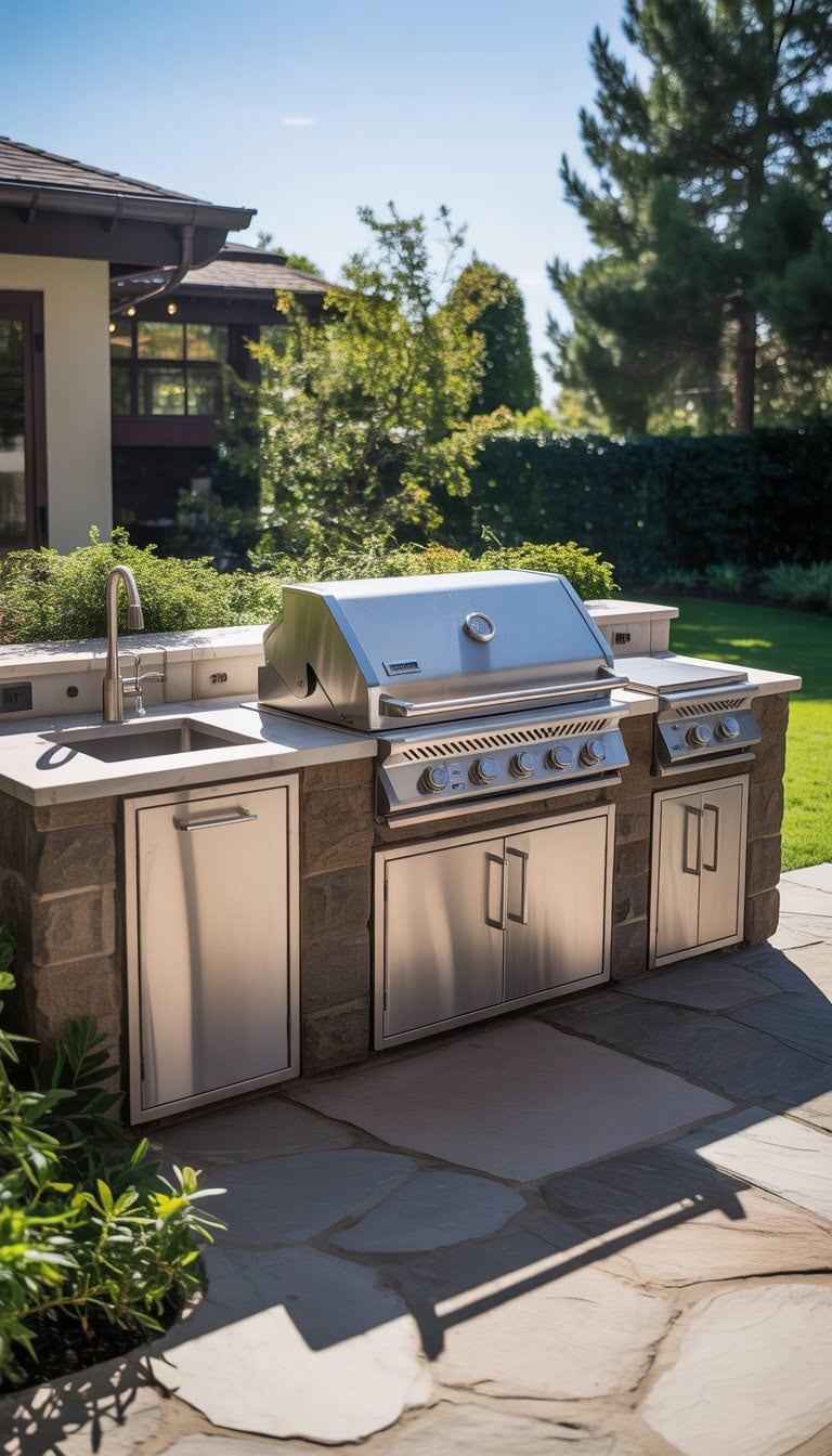 An outdoor grill station with a stainless steel gas grill, stone countertops, cabinets, and a sink set on a backyard patio surrounded by greenery.
