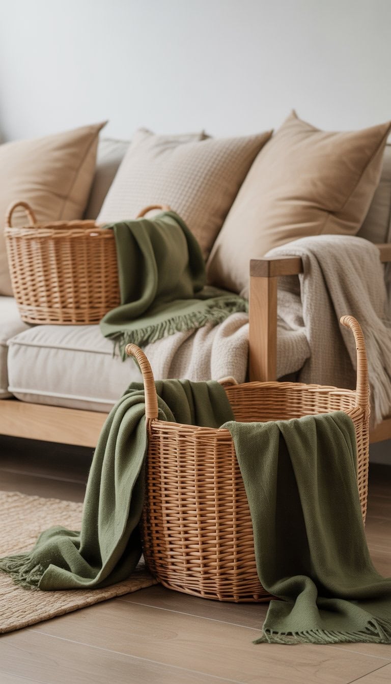 A cozy interior scene with woven baskets and olive green throws arranged on a light wooden floor next to neutral-toned furniture.