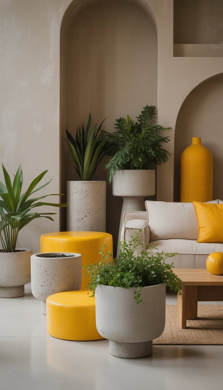 A living room with concrete planters holding green plants, balanced by bright yellow decorative accents on neutral-colored furniture.