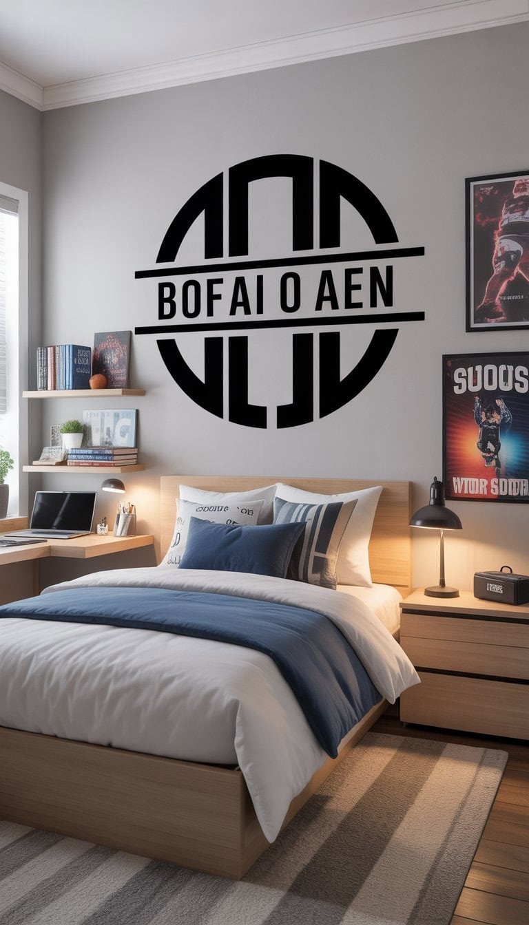 A tidy teenage boy's bedroom with personalized wall art, a bed, desk, shelves, and natural light coming through a window.