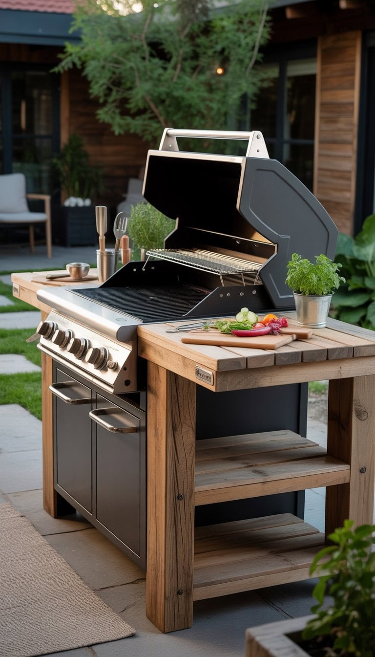 Outdoor grill station made of wood and metal with a grill, countertop, and cooking accessories on a backyard patio.