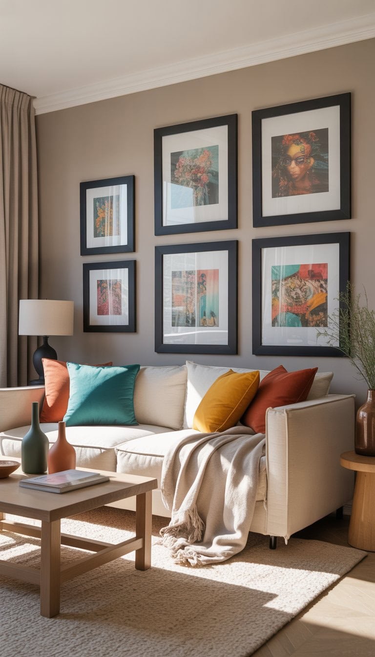 A living room with neutral walls and furniture, featuring matte black frames holding colorful artwork and bright decorative accents.