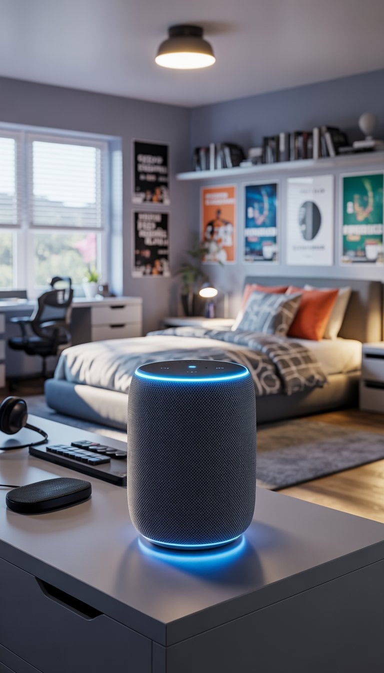 A teenage boy's bedroom with a smart speaker on a desk, a bed, gaming equipment, and colorful decor.