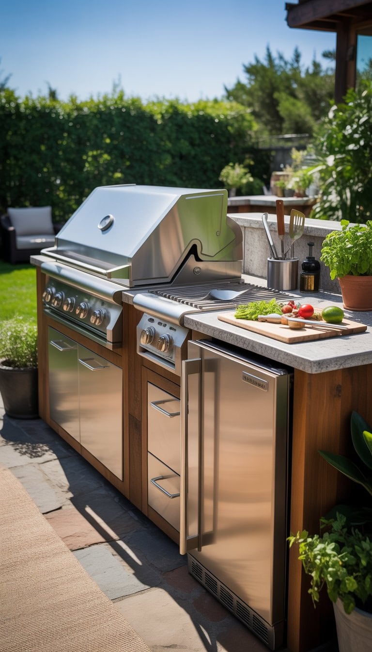 An outdoor kitchen with an integrated refrigerator, stainless steel grill, granite countertops, and surrounding plants on a stone patio.