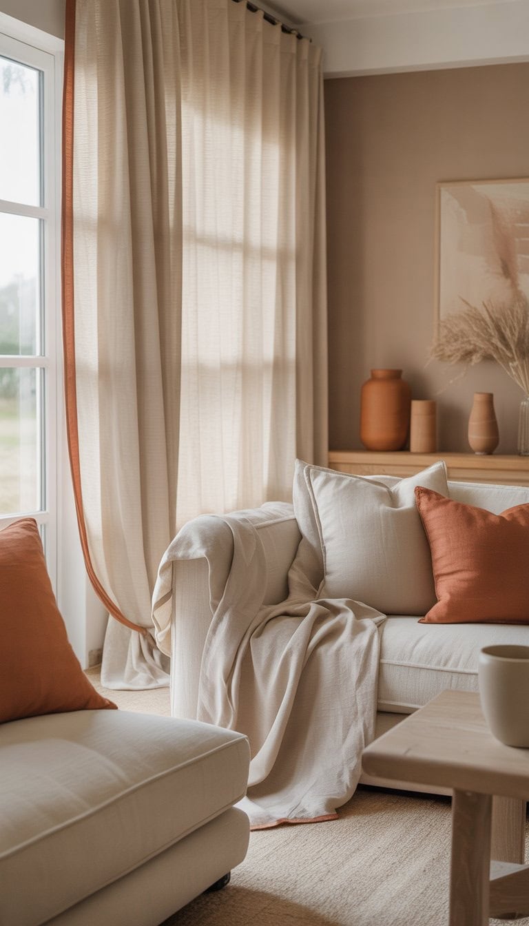 A bright living room with white linen curtains trimmed in terracotta, neutral walls, wooden furniture, and warm terracotta accent decor.