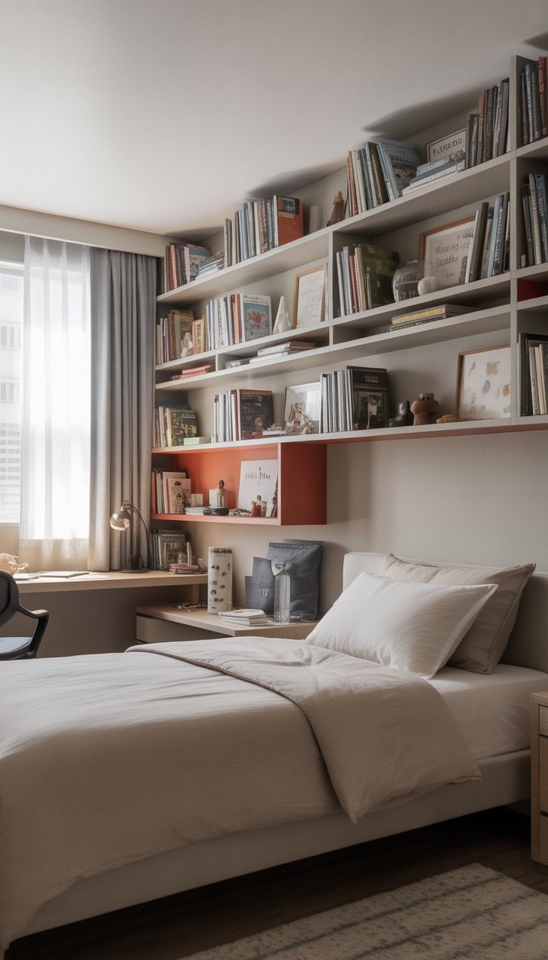 A teen boy's bedroom with an open-back bookshelf, bed, desk, and natural light coming through a window.