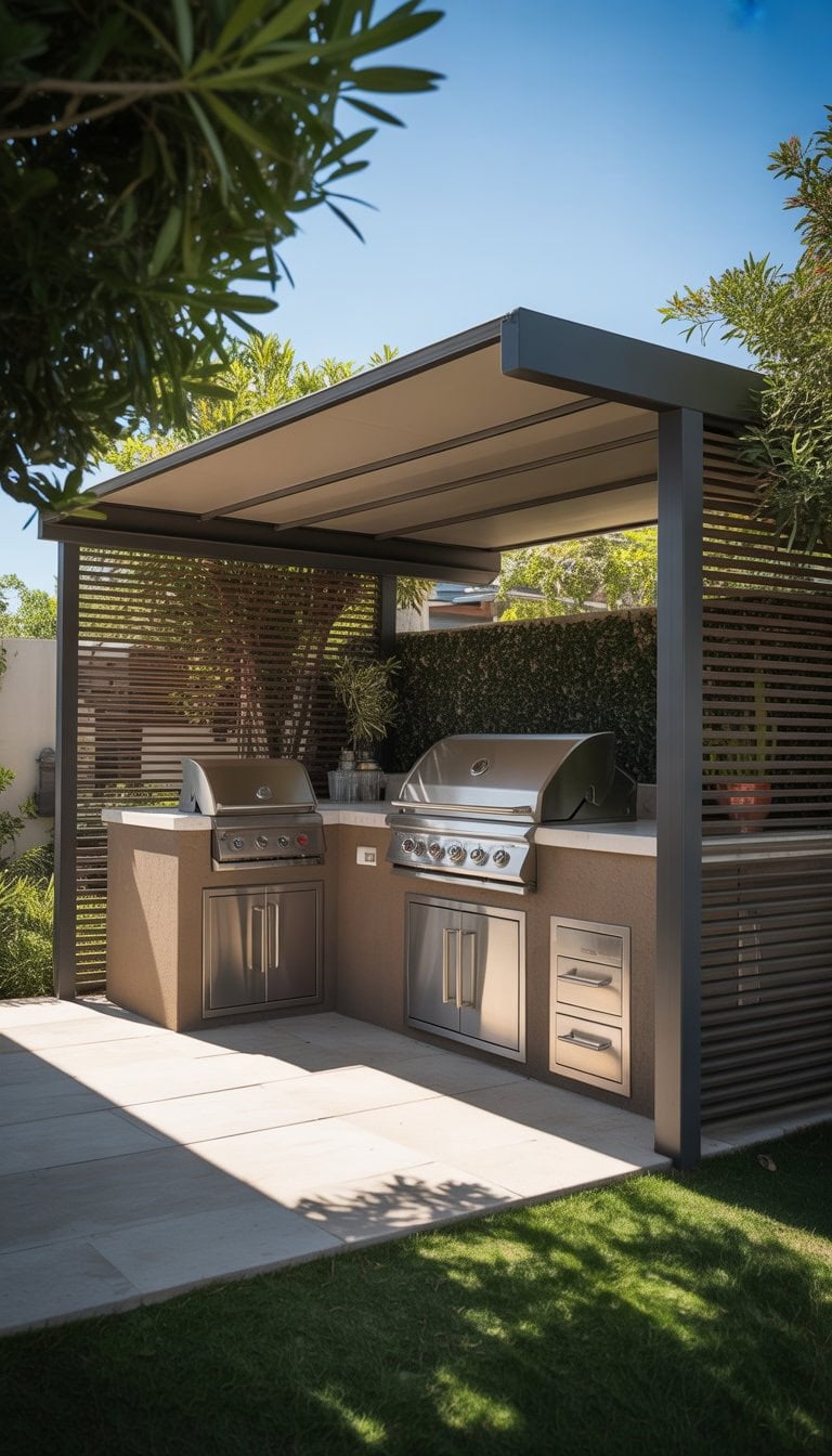 Outdoor grill station with privacy screens and sun protection in a sunny backyard setting.