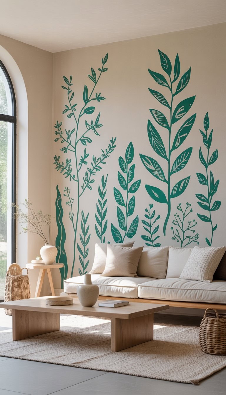 Living room with neutral colors and deep green botanical wall decals on the wall, featuring a beige sofa and wooden coffee table.