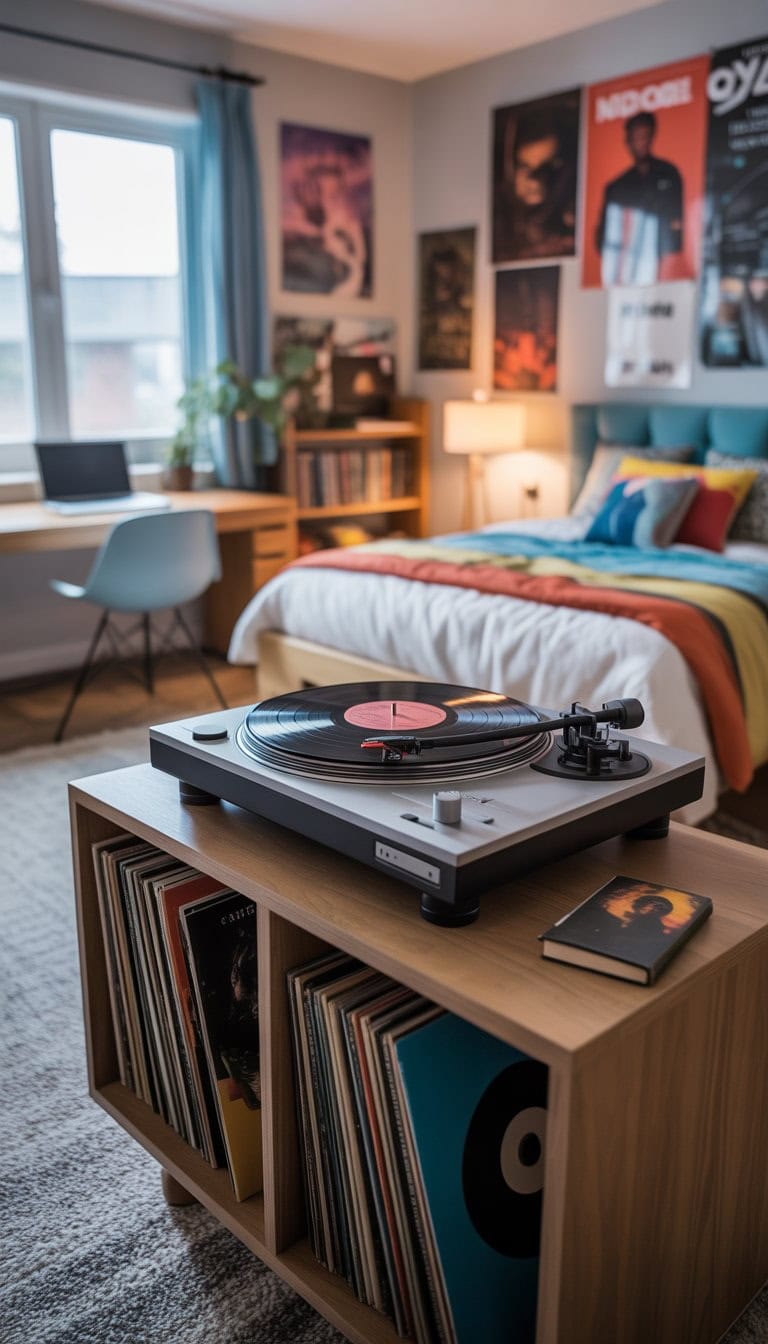 A teen boy's bedroom with a vinyl record player station, bed, desk, and music-themed decor.